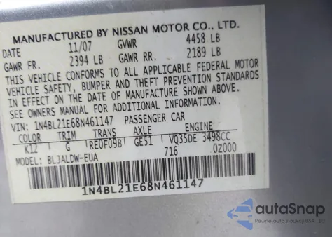 2008 Nissan Altima 3.5 Se from USA, damaged, VIN 1N4BL21E68N461147